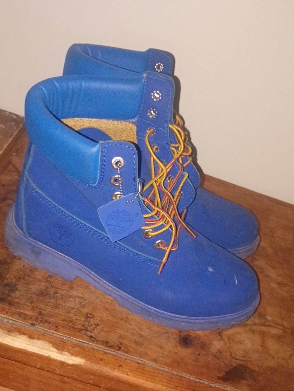Timberland Kids Blue Lace-Up Ankle Boots with Yellow Accent Laces
